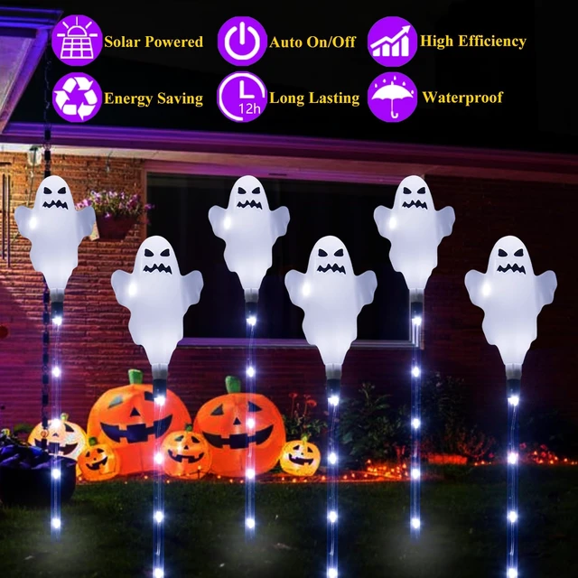 Alt view image 2 of 7 - Halloween Decorations Outdoor Solar Ghost Lights, 6-Pack Spooky Ghost Solar Halloween Lights, Solar Pathway Lights for Outside Garden Patio Yard Porch Party Ghost Decor (White)