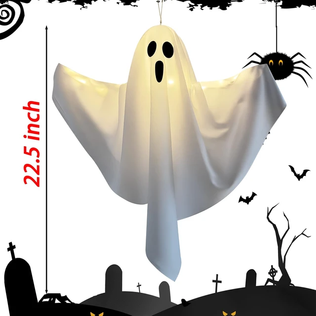 Alt view image 2 of 7 - 3 Pack Light Up Hanging Ghosts Halloween Decorations, 22.5" White Hanging Ghost Decor for Outdoor Yard Porch Patio Garden, Battery Operated Halloween Party Decorations
