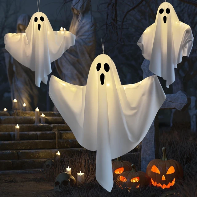 Alt view image 4 of 7 - 3 Pack Light Up Hanging Ghosts Halloween Decorations, 22.5" White Hanging Ghost Decor for Outdoor Yard Porch Patio Garden, Battery Operated Halloween Party Decorations