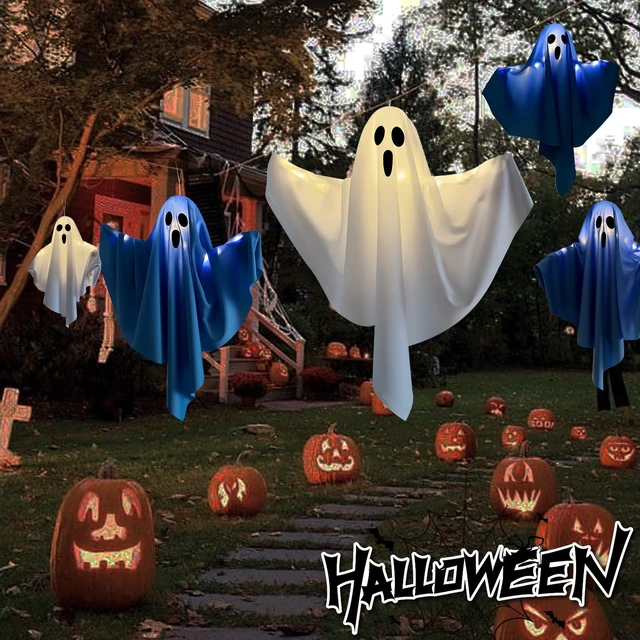 Alt view image 6 of 7 - 3 Pack Light Up Hanging Ghosts Halloween Decorations, 22.5" White Hanging Ghost Decor for Outdoor Yard Porch Patio Garden, Battery Operated Halloween Party Decorations