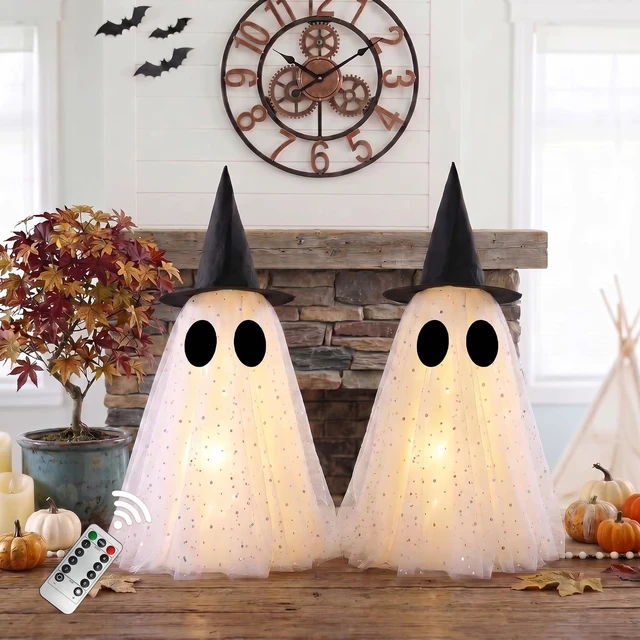 Alt view image 2 of 7 - Halloween Ghost Decorations,Spooky Ghost Crafts for Halloween Decor Indoor | Set of 2, LED Lights & Remote Control, Timer Function, With Witch Hat, DIY, Lighted Holiday Displays