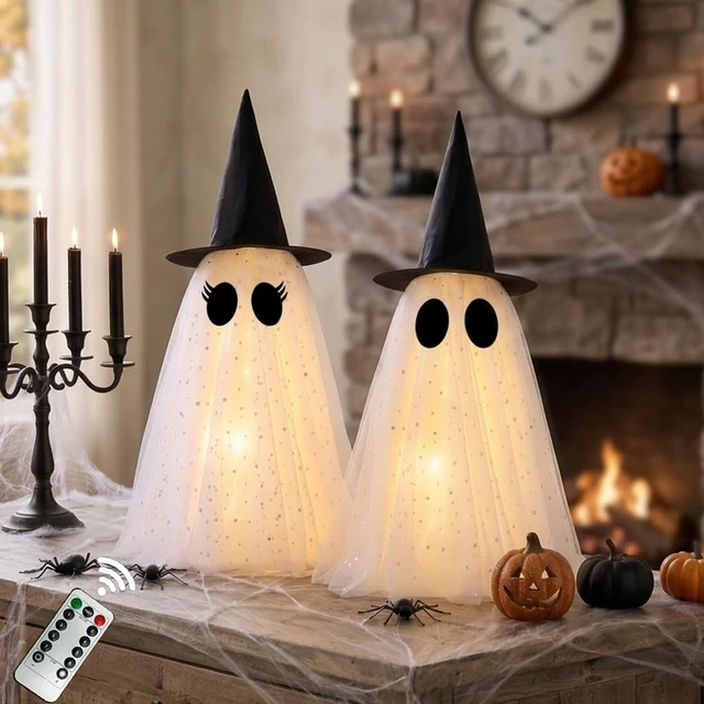 Alt view image 4 of 7 - Halloween Ghost Decorations,Spooky Ghost Crafts for Halloween Decor Indoor | Set of 2, LED Lights & Remote Control, Timer Function, With Witch Hat, DIY, Lighted Holiday Displays