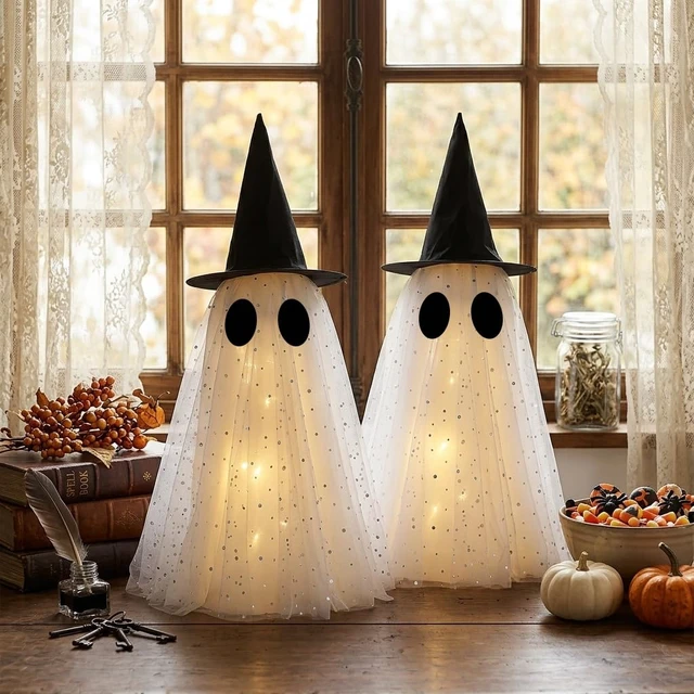 Alt view image 6 of 7 - Halloween Ghost Decorations,Spooky Ghost Crafts for Halloween Decor Indoor | Set of 2, LED Lights & Remote Control, Timer Function, With Witch Hat, DIY, Lighted Holiday Displays