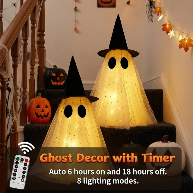 Alt view image 5 of 7 - Halloween Ghost Decorations,Spooky Ghost Crafts for Halloween Decor Indoor | Set of 2, LED Lights & Remote Control, Timer Function, With Witch Hat, DIY, Lighted Holiday Displays