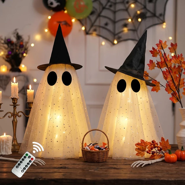 Alt view image 7 of 7 - Halloween Ghost Decorations,Spooky Ghost Crafts for Halloween Decor Indoor | Set of 2, LED Lights & Remote Control, Timer Function, With Witch Hat, DIY, Lighted Holiday Displays