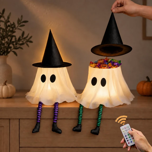 Main image of 2 Pack Halloween Light Up Ghost Decorations Indoor Candy Holders | 16 Battery Operated Ghosts with Witch Hat Cover Remote Timer Color Changing Lights for Home Mantle Table Room Party Decor