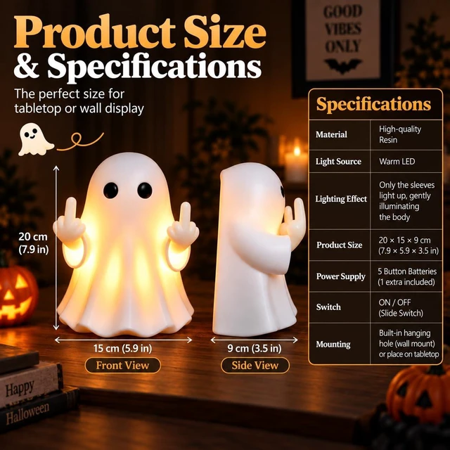 Alt view image 3 of 6 - Funny Halloween Wall Night Light, Cute Ghost Lamp Night Light | Hanging Buckle DualUse Wall & Table Resin Collectible Statue for Home Desk Porch Party Indoor Outdoor