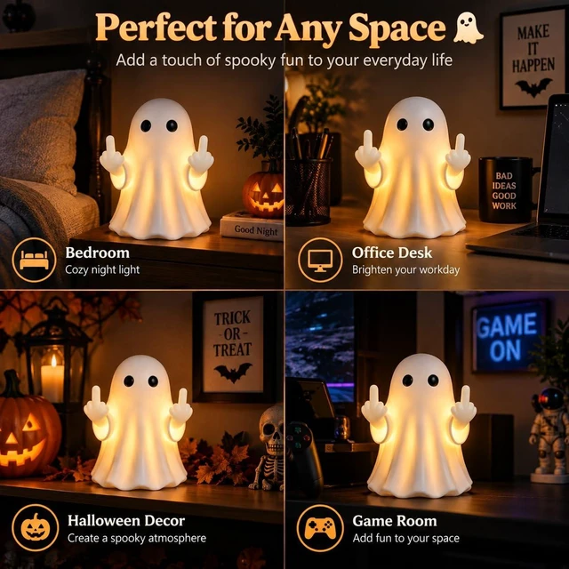 Alt view image 4 of 6 - Funny Halloween Wall Night Light, Cute Ghost Lamp Night Light | Hanging Buckle DualUse Wall & Table Resin Collectible Statue for Home Desk Porch Party Indoor Outdoor