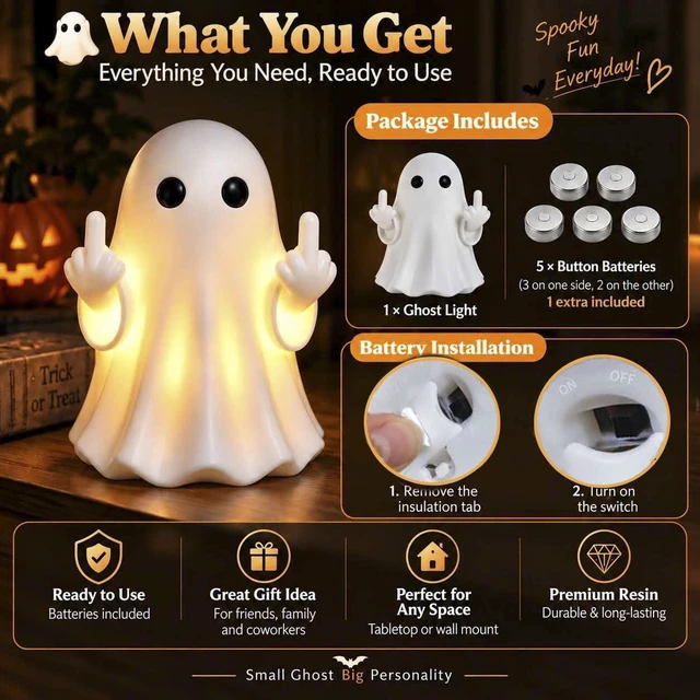 Alt view image 6 of 6 - Funny Halloween Wall Night Light, Cute Ghost Lamp Night Light | Hanging Buckle DualUse Wall & Table Resin Collectible Statue for Home Desk Porch Party Indoor Outdoor