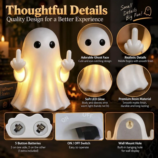 Alt view image 5 of 6 - Funny Halloween Wall Night Light, Cute Ghost Lamp Night Light | Hanging Buckle DualUse Wall & Table Resin Collectible Statue for Home Desk Porch Party Indoor Outdoor