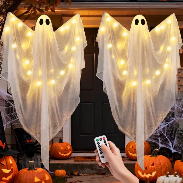 Main image of Hanging Ghost Halloween Decorations 2 Pack, 51 Inch Remote Lighted Ghosts | Warm LED glow with 8 lighting modes and remote control; spooky floating ghosts for porch, yard, tree, indoor or outdoor use