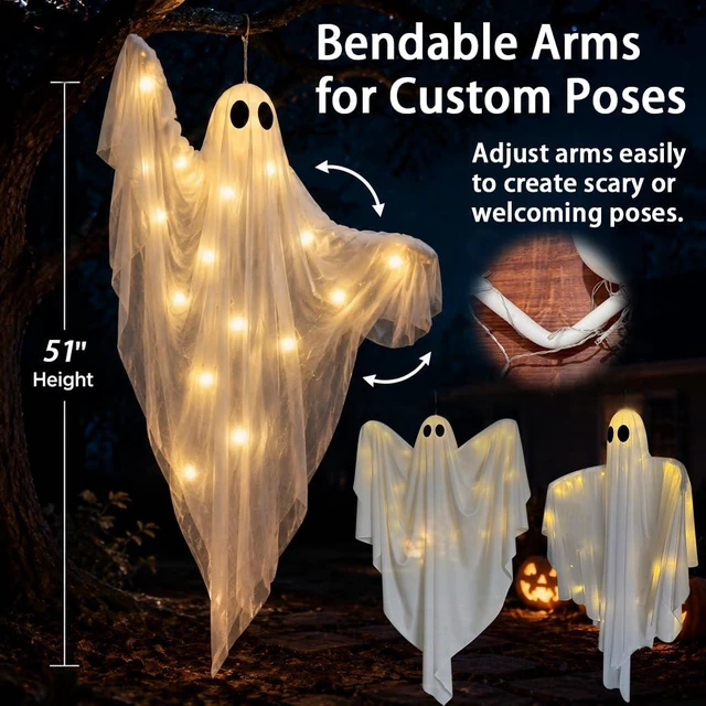 Alt view image 2 of 7 - Hanging Ghost Halloween Decorations 2 Pack, 51 Inch Remote Lighted Ghosts | Warm LED glow with 8 lighting modes and remote control; spooky floating ghosts for porch, yard, tree, indoor or outdoor use