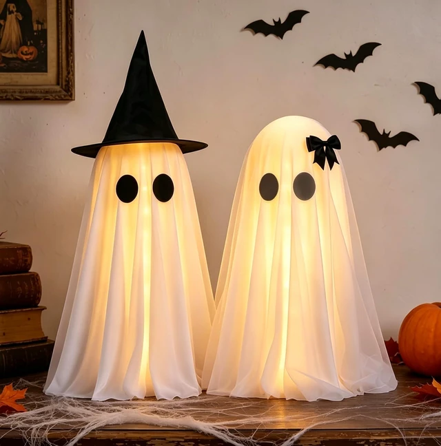 Main image of Halloween Ghost Decorations Indoor, Light Up Ghosts Decor with Witch Hat | 2 Pack Lighted Ghost Decorations with Remote Control, Timer, Halloween Party Home Kitchen Tabletop Decor, DIY Spooky Ghosts