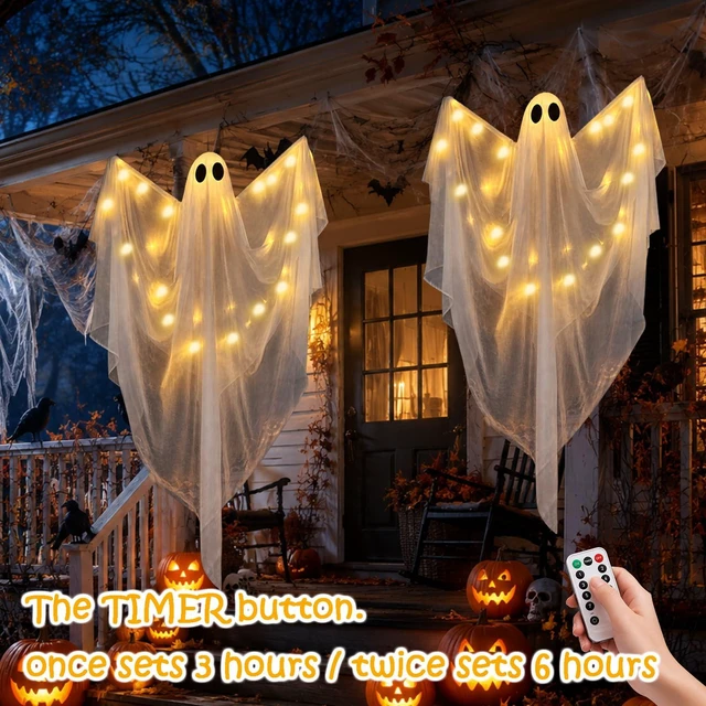 Alt view image 3 of 7 - Hanging Ghost Halloween Decorations 2 Pack, 51 Inch Remote Lighted Ghosts | Warm LED glow with 8 lighting modes and remote control; spooky floating ghosts for porch, yard, tree, indoor or outdoor use