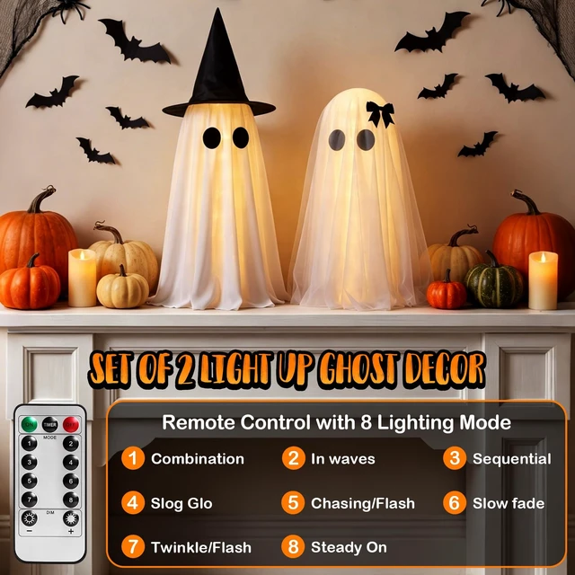 Alt view image 2 of 7 - Halloween Ghost Decorations Indoor, Light Up Ghosts Decor with Witch Hat | 2 Pack Lighted Ghost Decorations with Remote Control, Timer, Halloween Party Home Kitchen Tabletop Decor, DIY Spooky Ghosts