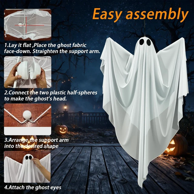 Alt view image 4 of 7 - Hanging Ghost Halloween Decorations 2 Pack, 51 Inch Remote Lighted Ghosts | Warm LED glow with 8 lighting modes and remote control; spooky floating ghosts for porch, yard, tree, indoor or outdoor use