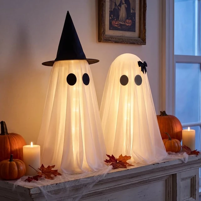 Alt view image 5 of 7 - Halloween Ghost Decorations Indoor, Light Up Ghosts Decor with Witch Hat | 2 Pack Lighted Ghost Decorations with Remote Control, Timer, Halloween Party Home Kitchen Tabletop Decor, DIY Spooky Ghosts