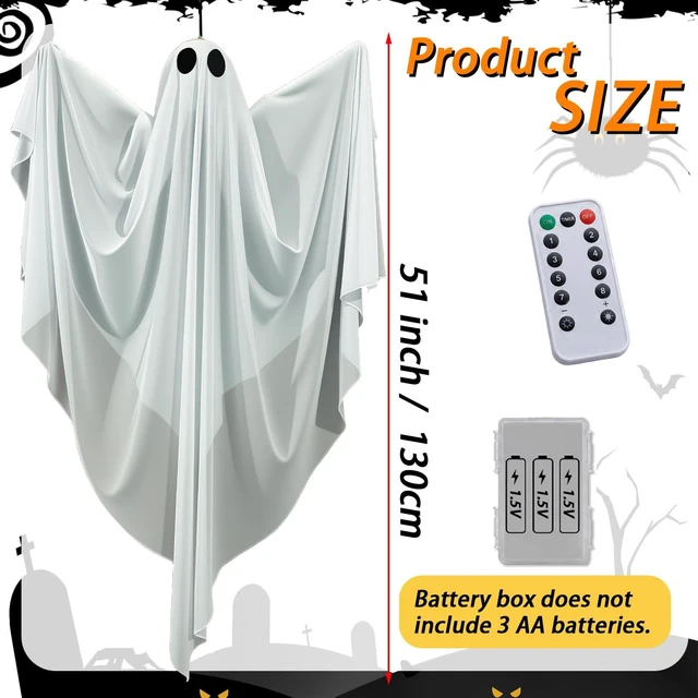Alt view image 5 of 7 - Hanging Ghost Halloween Decorations 2 Pack, 51 Inch Remote Lighted Ghosts | Warm LED glow with 8 lighting modes and remote control; spooky floating ghosts for porch, yard, tree, indoor or outdoor use