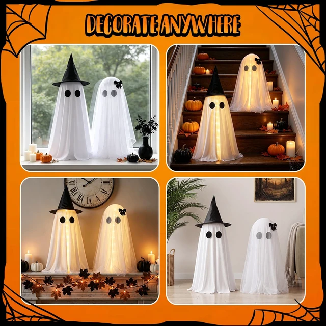Alt view image 7 of 7 - Halloween Ghost Decorations Indoor, Light Up Ghosts Decor with Witch Hat | 2 Pack Lighted Ghost Decorations with Remote Control, Timer, Halloween Party Home Kitchen Tabletop Decor, DIY Spooky Ghosts