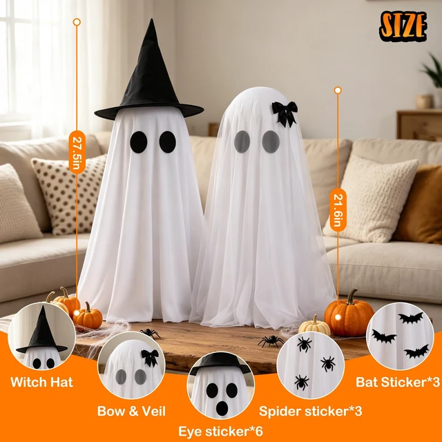 Alt view image 3 of 7 - Halloween Ghost Decorations Indoor, Light Up Ghosts Decor with Witch Hat | 2 Pack Lighted Ghost Decorations with Remote Control, Timer, Halloween Party Home Kitchen Tabletop Decor, DIY Spooky Ghosts