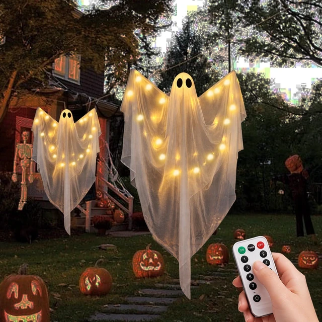 Alt view image 6 of 7 - Hanging Ghost Halloween Decorations 2 Pack, 51 Inch Remote Lighted Ghosts | Warm LED glow with 8 lighting modes and remote control; spooky floating ghosts for porch, yard, tree, indoor or outdoor use