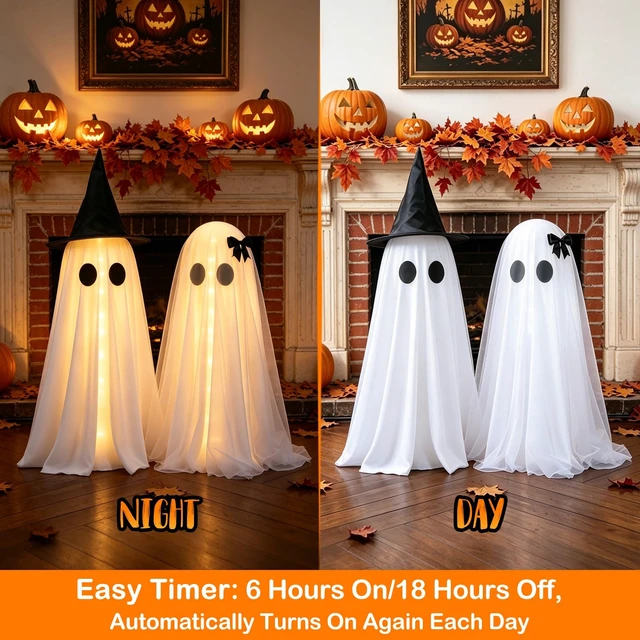 Alt view image 4 of 7 - Halloween Ghost Decorations Indoor, Light Up Ghosts Decor with Witch Hat | 2 Pack Lighted Ghost Decorations with Remote Control, Timer, Halloween Party Home Kitchen Tabletop Decor, DIY Spooky Ghosts