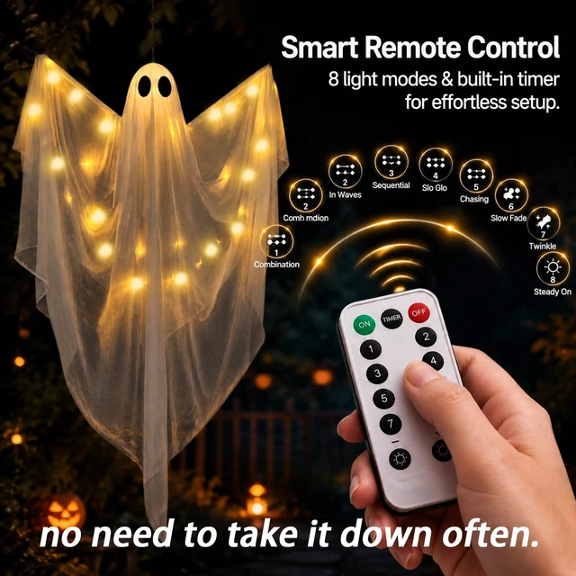 Alt view image 7 of 7 - Hanging Ghost Halloween Decorations 2 Pack, 51 Inch Remote Lighted Ghosts | Warm LED glow with 8 lighting modes and remote control; spooky floating ghosts for porch, yard, tree, indoor or outdoor use