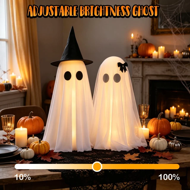 Alt view image 6 of 7 - Halloween Ghost Decorations Indoor, Light Up Ghosts Decor with Witch Hat | 2 Pack Lighted Ghost Decorations with Remote Control, Timer, Halloween Party Home Kitchen Tabletop Decor, DIY Spooky Ghosts