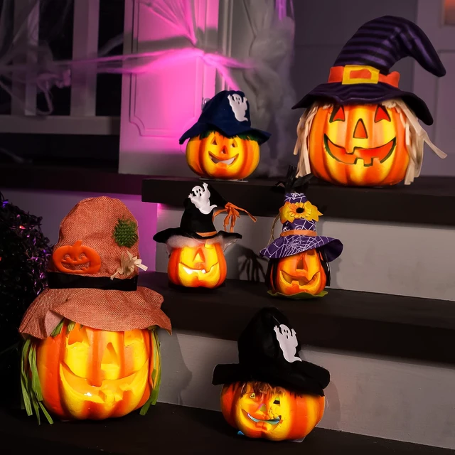 Alt view image 7 of 7 - 6 Pcs Light Up Pumpkins Halloween Decorations Outdoor Indoor Jack O Lanterns Decor LED Foam Home Large Trick Or Treat Bucket