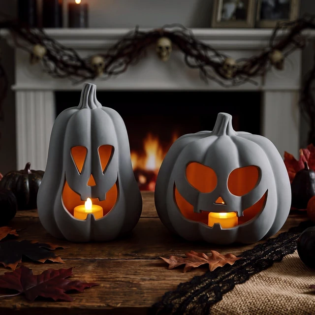 Main image of Halloween Decor Terracotta Jack O Lantern Pumpkin Decor,Gray | 2 Pack Terracotta Pumpkins, 7.1" 5.9" H Clay Pumpkin Decoration, Fall Decor, Halloween Tealight Holder for Indoor Outdoor