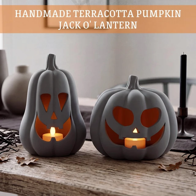 Alt view image 3 of 7 - Halloween Decor Terracotta Jack O Lantern Pumpkin Decor,Gray | 2 Pack Terracotta Pumpkins, 7.1" 5.9" H Clay Pumpkin Decoration, Fall Decor, Halloween Tealight Holder for Indoor Outdoor