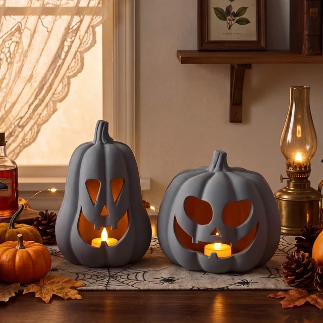 Alt view image 5 of 7 - Halloween Decor Terracotta Jack O Lantern Pumpkin Decor,Gray | 2 Pack Terracotta Pumpkins, 7.1" 5.9" H Clay Pumpkin Decoration, Fall Decor, Halloween Tealight Holder for Indoor Outdoor