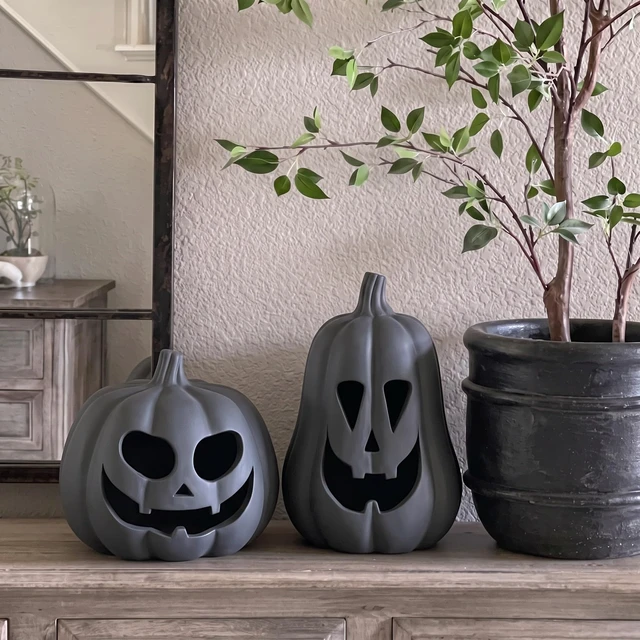 Alt view image 4 of 7 - Halloween Decor Terracotta Jack O Lantern Pumpkin Decor,Gray | 2 Pack Terracotta Pumpkins, 7.1" 5.9" H Clay Pumpkin Decoration, Fall Decor, Halloween Tealight Holder for Indoor Outdoor
