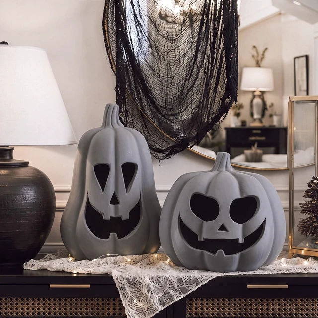 Alt view image 6 of 7 - Halloween Decor Terracotta Jack O Lantern Pumpkin Decor,Gray | 2 Pack Terracotta Pumpkins, 7.1" 5.9" H Clay Pumpkin Decoration, Fall Decor, Halloween Tealight Holder for Indoor Outdoor
