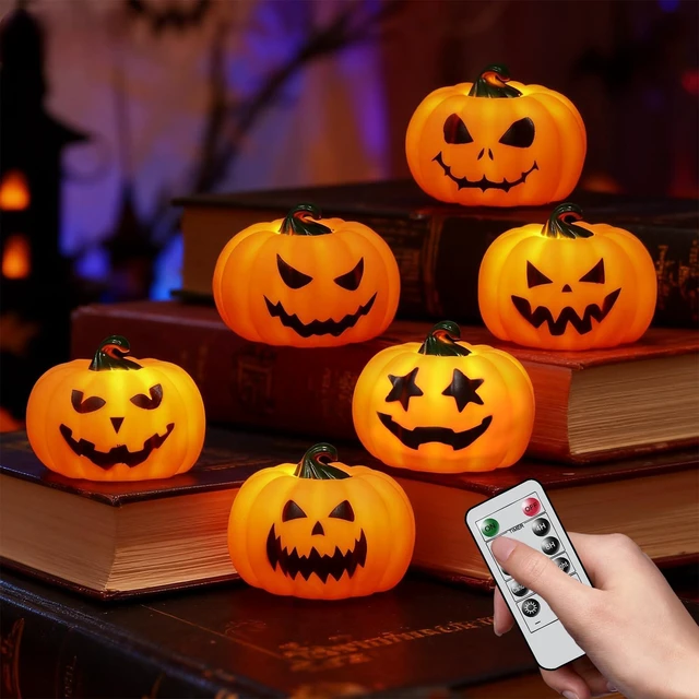 Main image of 6Pack Halloween Pumpkin Tea Lights with Remote and Timer | Battery Operated LED Orange Jack-O-Lantern Candles for Halloween Decor, Flameless Candles for Pumpkin Decorations