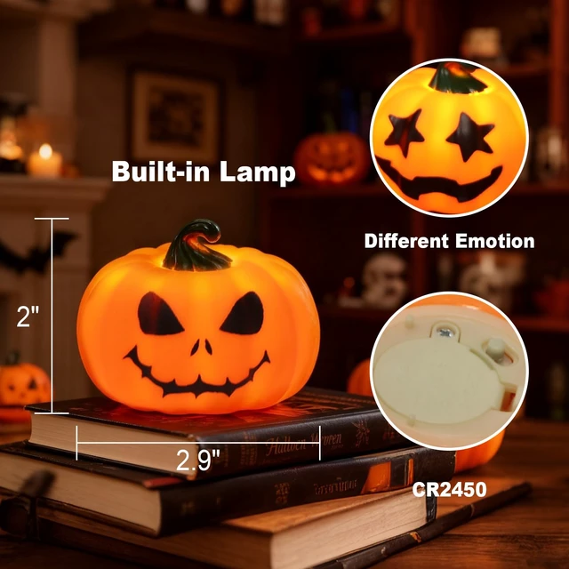Alt view image 2 of 7 - 6Pack Halloween Pumpkin Tea Lights with Remote and Timer | Battery Operated LED Orange Jack-O-Lantern Candles for Halloween Decor, Flameless Candles for Pumpkin Decorations