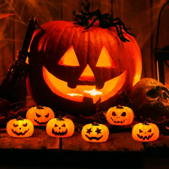 Alt view image 3 of 7 - 6Pack Halloween Pumpkin Tea Lights with Remote and Timer | Battery Operated LED Orange Jack-O-Lantern Candles for Halloween Decor, Flameless Candles for Pumpkin Decorations