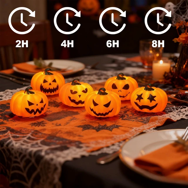 Alt view image 4 of 7 - 6Pack Halloween Pumpkin Tea Lights with Remote and Timer | Battery Operated LED Orange Jack-O-Lantern Candles for Halloween Decor, Flameless Candles for Pumpkin Decorations