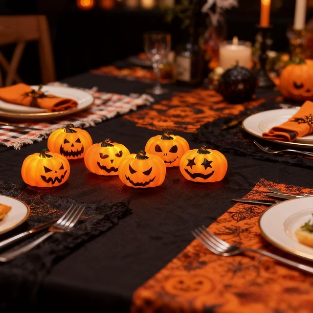 Alt view image 5 of 7 - 6Pack Halloween Pumpkin Tea Lights with Remote and Timer | Battery Operated LED Orange Jack-O-Lantern Candles for Halloween Decor, Flameless Candles for Pumpkin Decorations