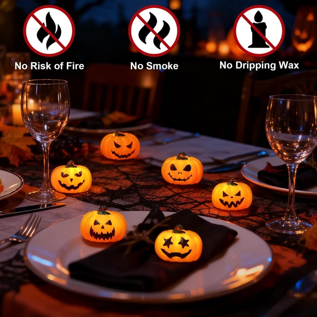 Alt view image 6 of 7 - 6Pack Halloween Pumpkin Tea Lights with Remote and Timer | Battery Operated LED Orange Jack-O-Lantern Candles for Halloween Decor, Flameless Candles for Pumpkin Decorations