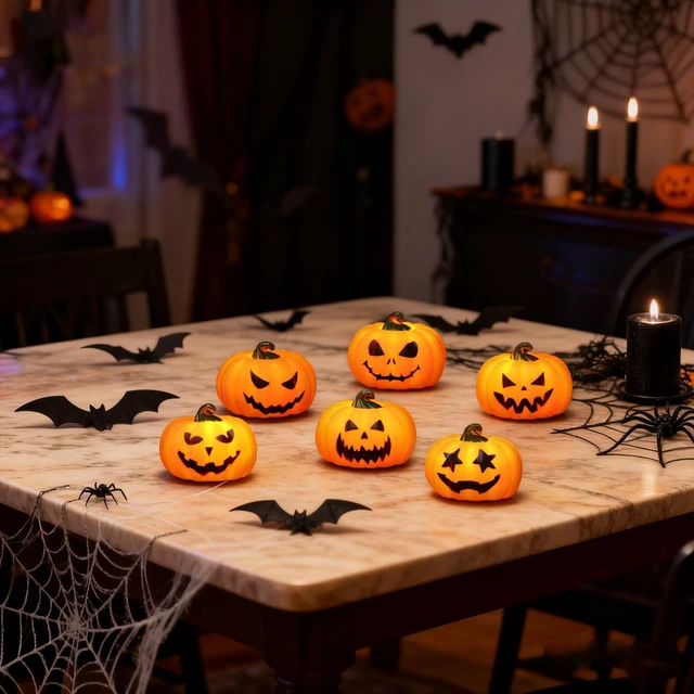 Alt view image 7 of 7 - 6Pack Halloween Pumpkin Tea Lights with Remote and Timer | Battery Operated LED Orange Jack-O-Lantern Candles for Halloween Decor, Flameless Candles for Pumpkin Decorations