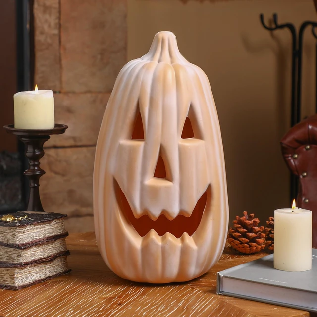 Main image of 13.4 Inch Halloween Pumpkin Outdoor Large Jack O' Lantern, terracotta | Reusable Plastic Carved Lantern Centerpiece, Indoor Outdoor Fall Decor, Faux Pumpkins for Table Mantel Party Display