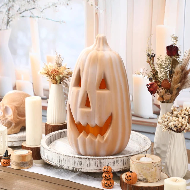 Alt view image 2 of 7 - 13.4 Inch Halloween Pumpkin Outdoor Large Jack O' Lantern, terracotta | Reusable Plastic Carved Lantern Centerpiece, Indoor Outdoor Fall Decor, Faux Pumpkins for Table Mantel Party Display