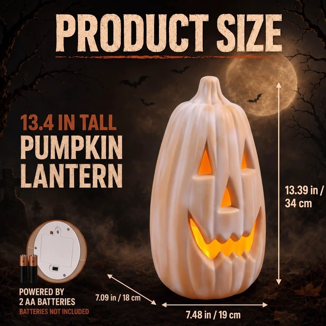 Alt view image 4 of 7 - 13.4 Inch Halloween Pumpkin Outdoor Large Jack O' Lantern, terracotta | Reusable Plastic Carved Lantern Centerpiece, Indoor Outdoor Fall Decor, Faux Pumpkins for Table Mantel Party Display