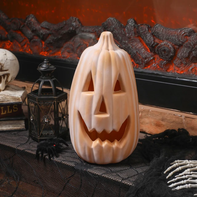 Alt view image 3 of 7 - 13.4 Inch Halloween Pumpkin Outdoor Large Jack O' Lantern, terracotta | Reusable Plastic Carved Lantern Centerpiece, Indoor Outdoor Fall Decor, Faux Pumpkins for Table Mantel Party Display