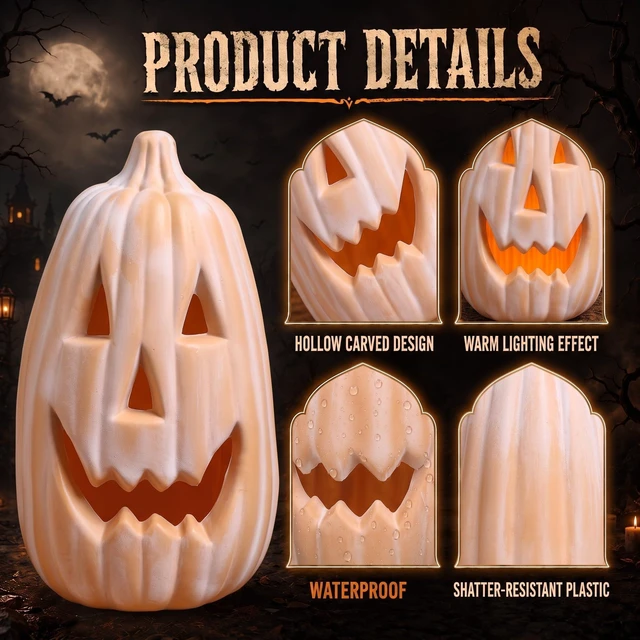 Alt view image 5 of 7 - 13.4 Inch Halloween Pumpkin Outdoor Large Jack O' Lantern, terracotta | Reusable Plastic Carved Lantern Centerpiece, Indoor Outdoor Fall Decor, Faux Pumpkins for Table Mantel Party Display