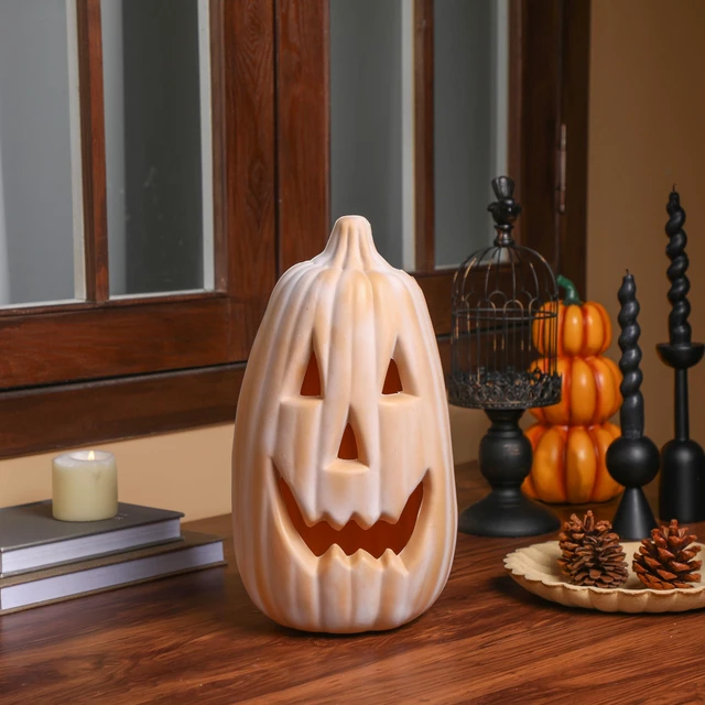 Alt view image 7 of 7 - 13.4 Inch Halloween Pumpkin Outdoor Large Jack O' Lantern, terracotta | Reusable Plastic Carved Lantern Centerpiece, Indoor Outdoor Fall Decor, Faux Pumpkins for Table Mantel Party Display