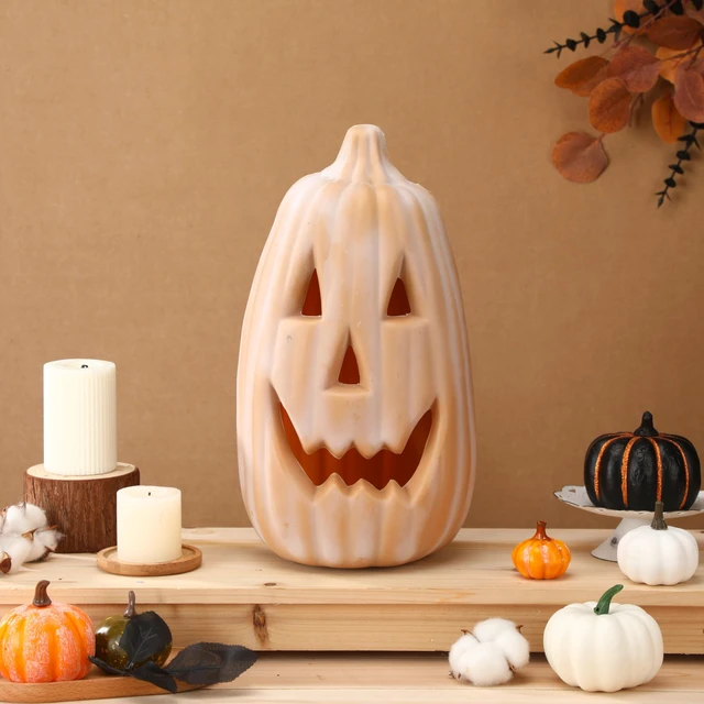 Alt view image 6 of 7 - 13.4 Inch Halloween Pumpkin Outdoor Large Jack O' Lantern, terracotta | Reusable Plastic Carved Lantern Centerpiece, Indoor Outdoor Fall Decor, Faux Pumpkins for Table Mantel Party Display