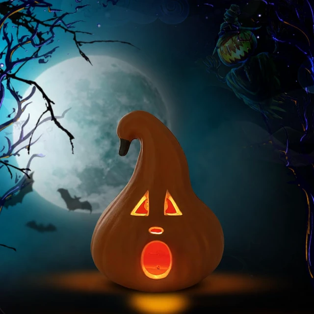 Alt view image 2 of 7 - Halloween Decoration Light-Up Jack-O-Lantern Ghost Face with Curved Stem Indoor Tabletop Fall Decor, Pumpkin Cute Spooky Autumn Accent for Home or Office
