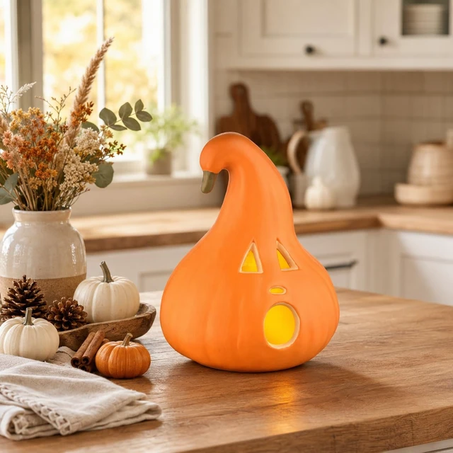 Alt view image 3 of 7 - Halloween Decoration Light-Up Jack-O-Lantern Ghost Face with Curved Stem Indoor Tabletop Fall Decor, Pumpkin Cute Spooky Autumn Accent for Home or Office